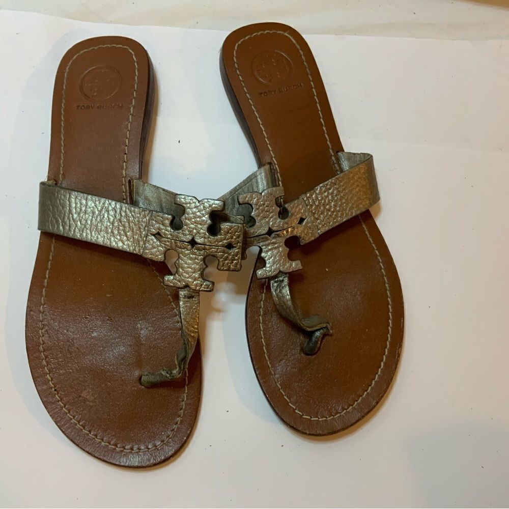 Tory Burch MOORE Women’s Size 9 Metallic Pewter Leather Logo Flip Flops Thong